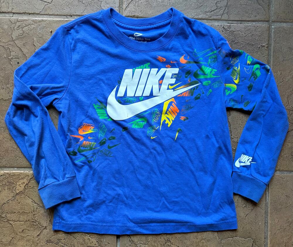 Nike Boys Size 7 Blue Long Sleeve Logo Graphic Tee Colorful Swoosh 6-7 Years